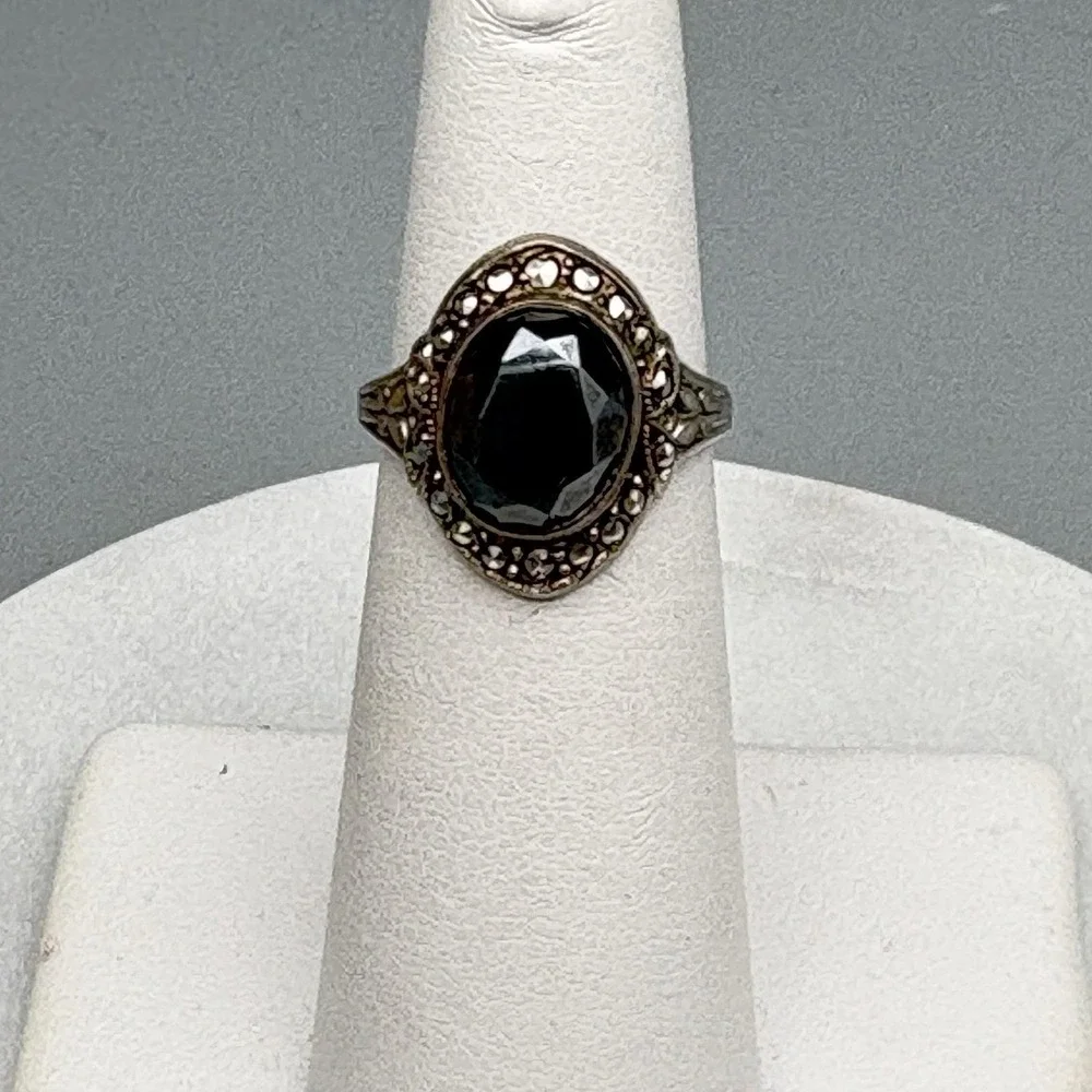 Vintage Sterling Silver Ring 925 Size 5.25 Hematite CZ Pretty Victorian Revival